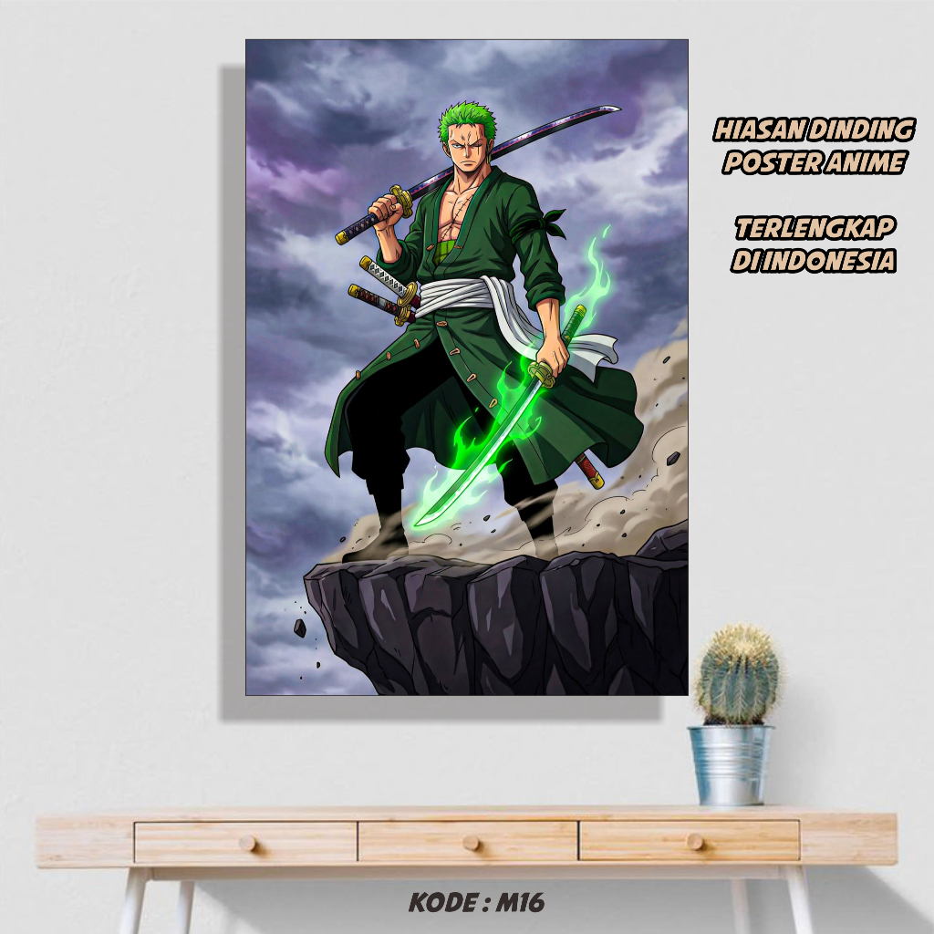 Roronoa Zoro Poster Anime One Piece Hiasan Dinding Keren Terkini Size Jumbo Bingkai MDF