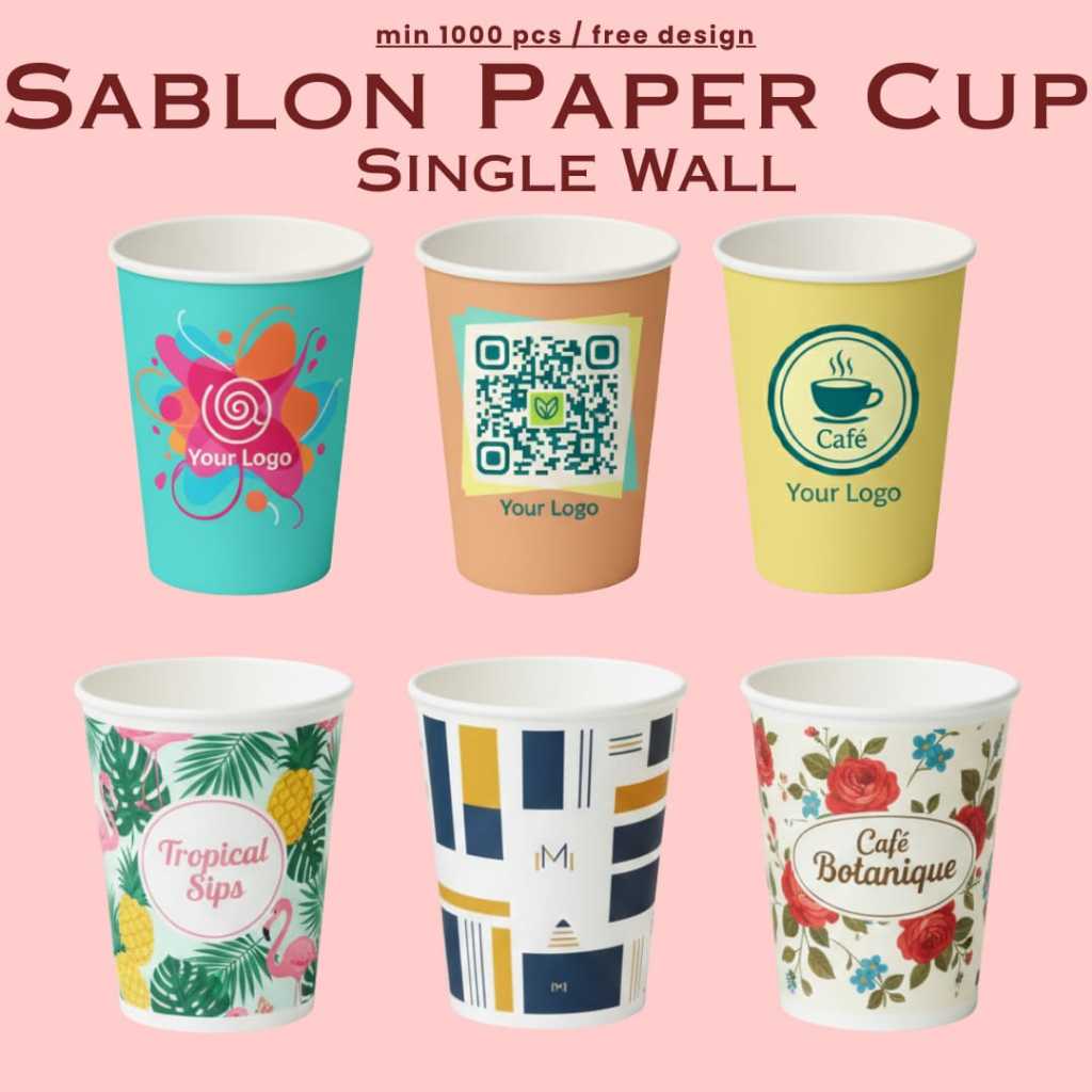 Sablon Paper Cup Tebal Single Wall Custom Logo 8oz 12oz 16oz 22oz|cup coffee + tutup custom | gelas 