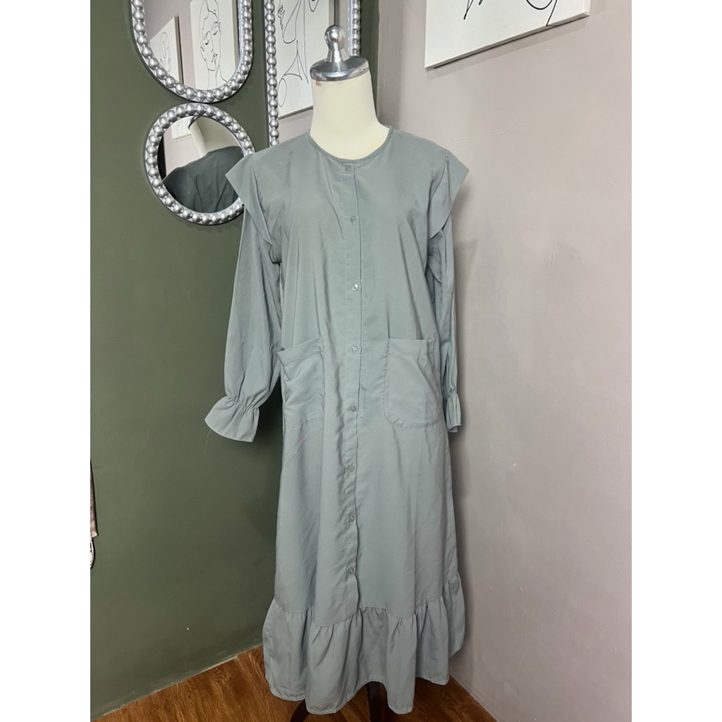 Midi Dress Sage Green Kancing Depan Busui Friendly