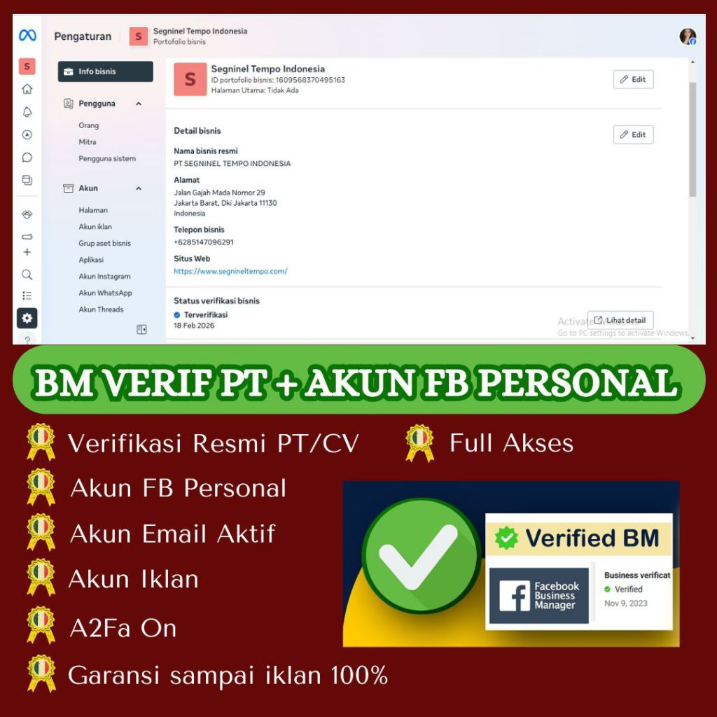 BM (BUSINESS MANAGER) VERIF RESMI PT + AKUN FACEBOOK SIAP IKLAN