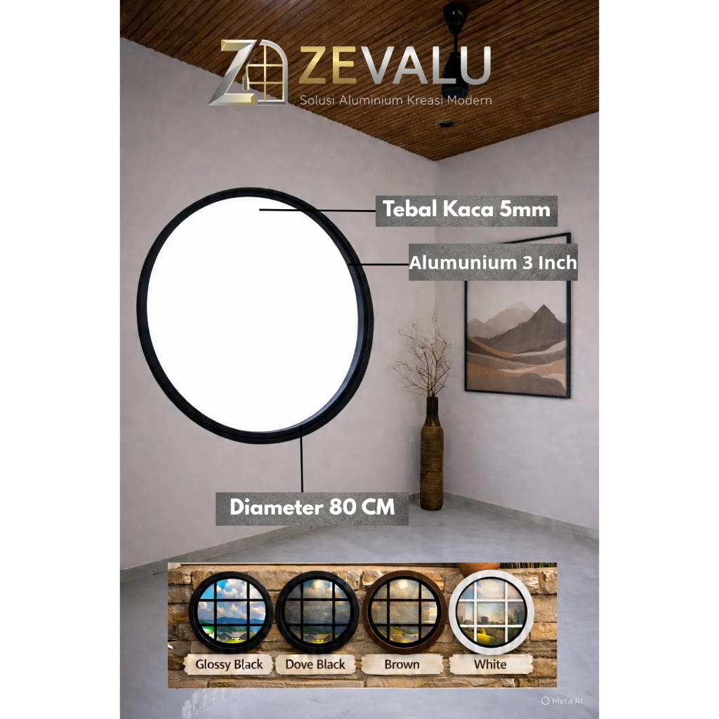 Jendela Bulat Aluminium Diameter 80 cm Kaca Mati Polos | FREE PACKING KAYU  & GRATIS ONGKIR