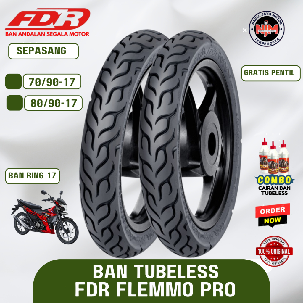 Promo Paket Ban Tubles Fdr Flemmo Pro ( 70/90-17 ), ( 80/90-17 ) Tubeless Ring 17 Untuk Motor Supra