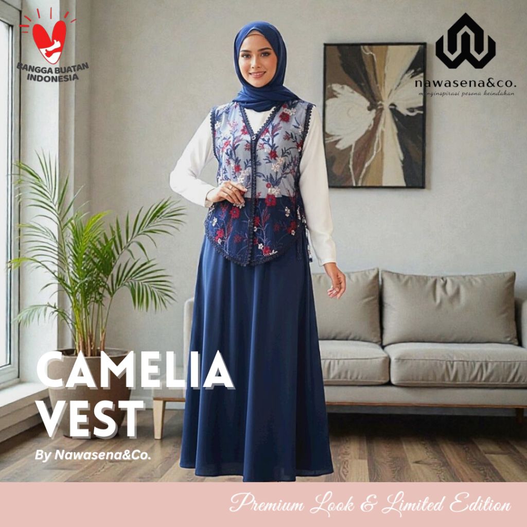 Camelia Vest Brukat Outer Wear Tile Premium Biru Navy Rompi Kekinian Brokat Modern