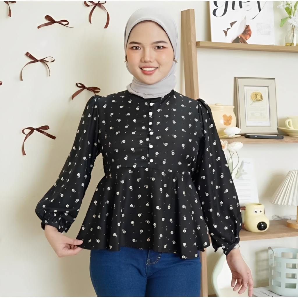 Celia Top Blouse Wanita Shakila Motif Bunga Atasan Peplum Lengan Balon Korea
