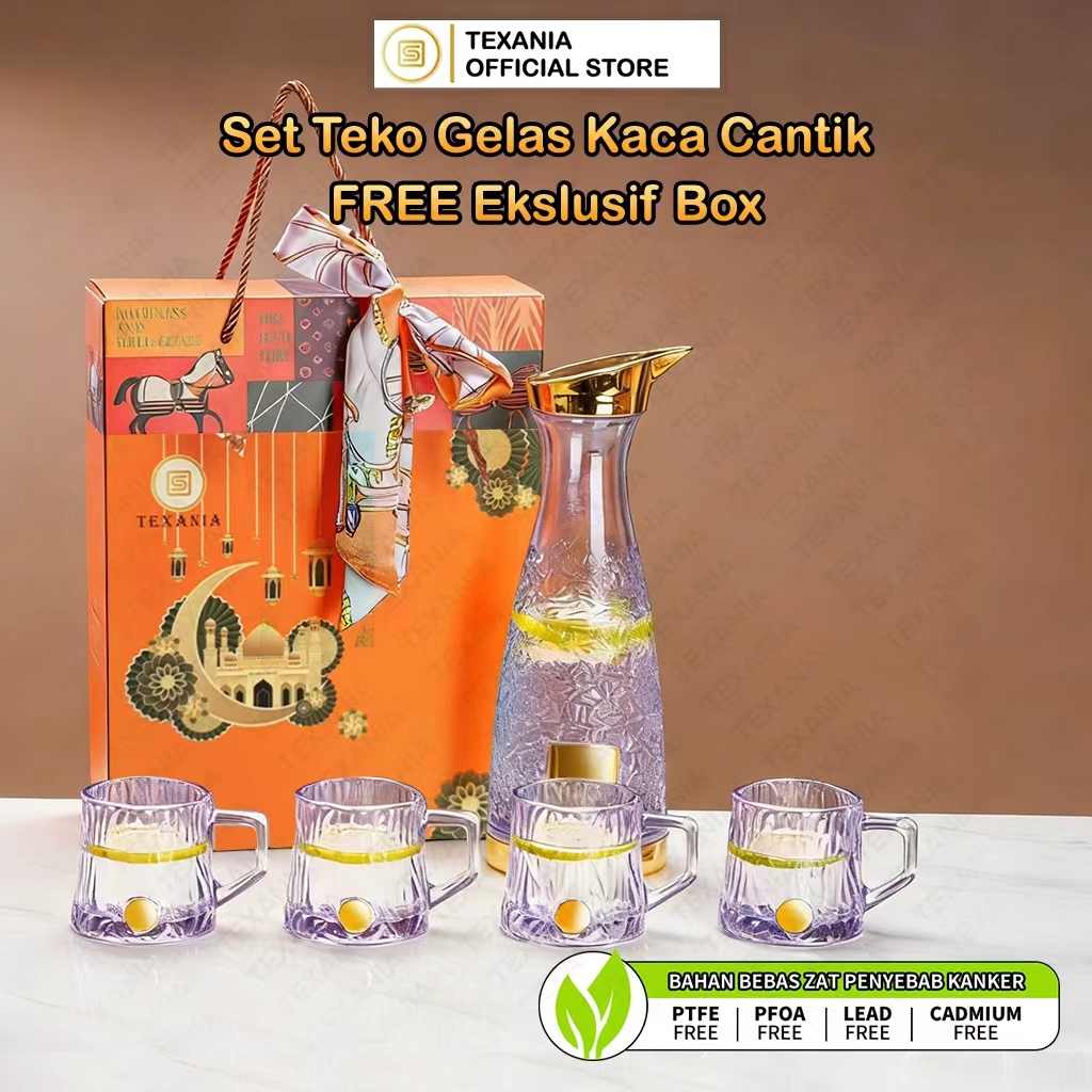 [Ramadan Lebaran ]TEXANIA HAMPERS LEBARAN Set Teko Gelas Kaca Premium Elegan Free Box Eksklusif