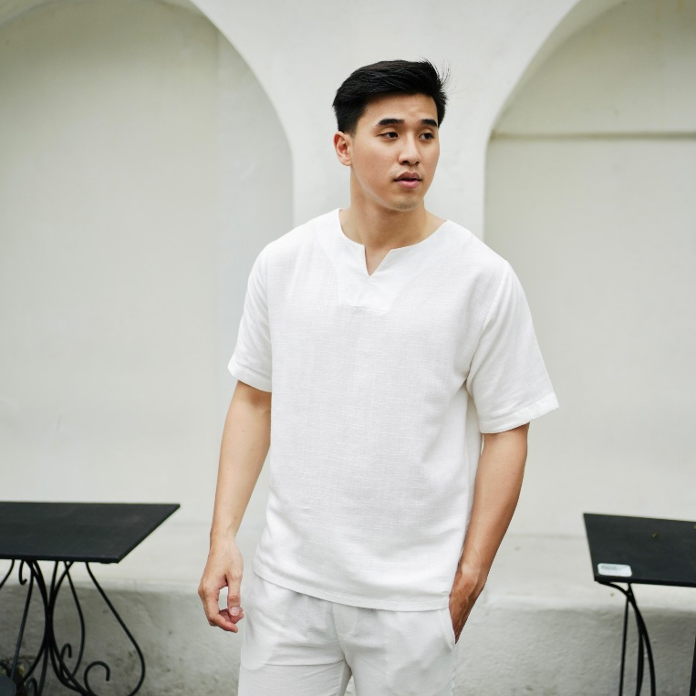 BEACHWELL Baju Kemeja Linen Pria Vneck Top Kasual Polos Hitam Putih Cream Linen Viscose Premium Bali