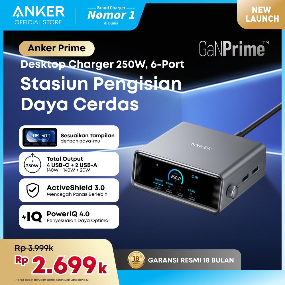 Anker Prime Desktop Charger GaNPrime 6 Port For Macbook Pro, Laptop Fast Charging 250W LCD display s