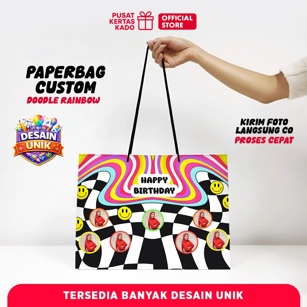 Custom Paper Bag Foto Tengah Kado Wajah Ultah Ready Paperbag Doodle Rainbow