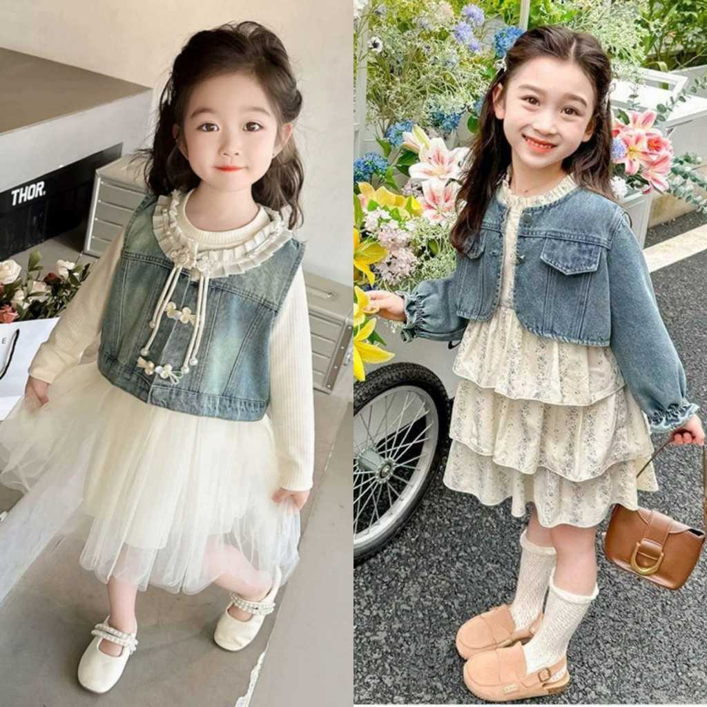 [KIDZWONDERLAND] 1039 & 1056 Dress Tutu 2in1 Rompi Denim Hillary Harvey Ruffle Neck Anak Perempuan