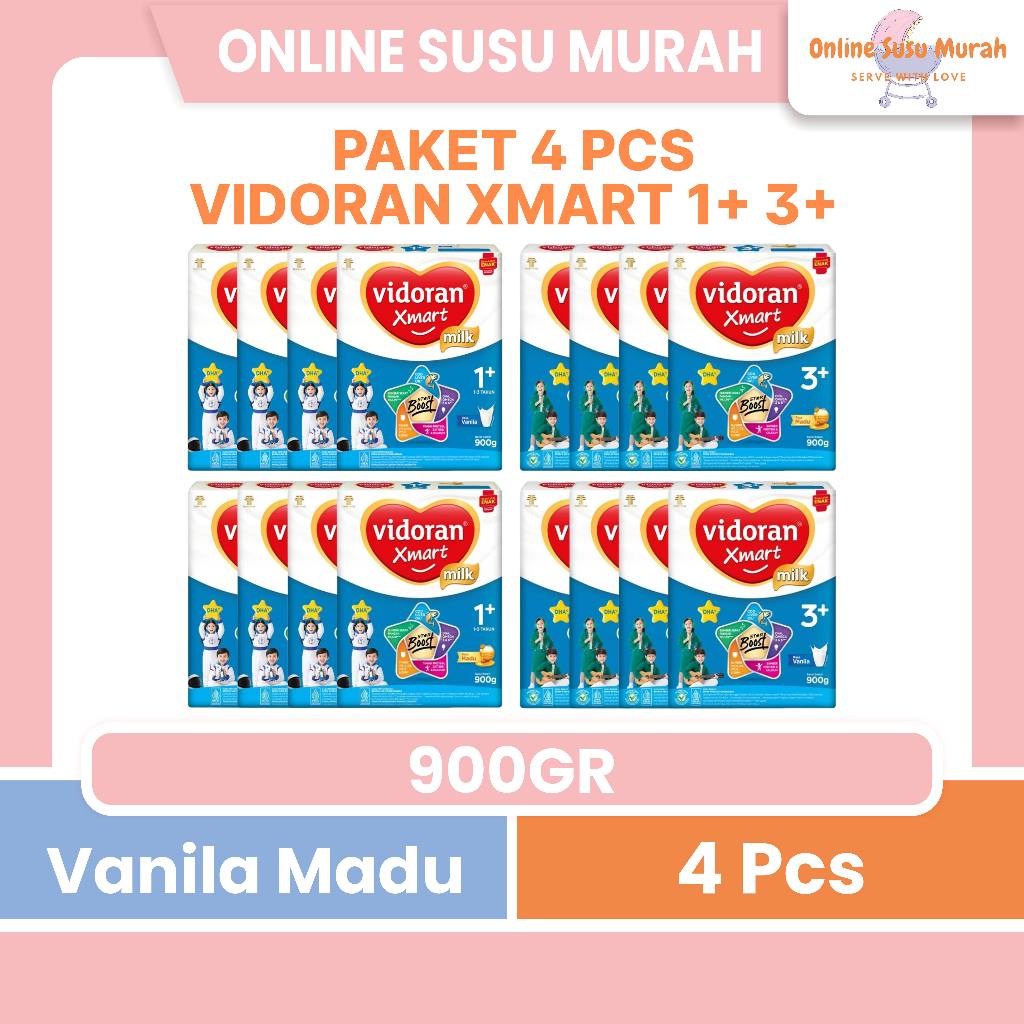VIDORAN PAKET 4 KOTAK XMART 1+ 3+ 900GR VANILA MADU TAHAP 1 DAN 3 900 GR SUSU ANAK MURAH SMART SSKD