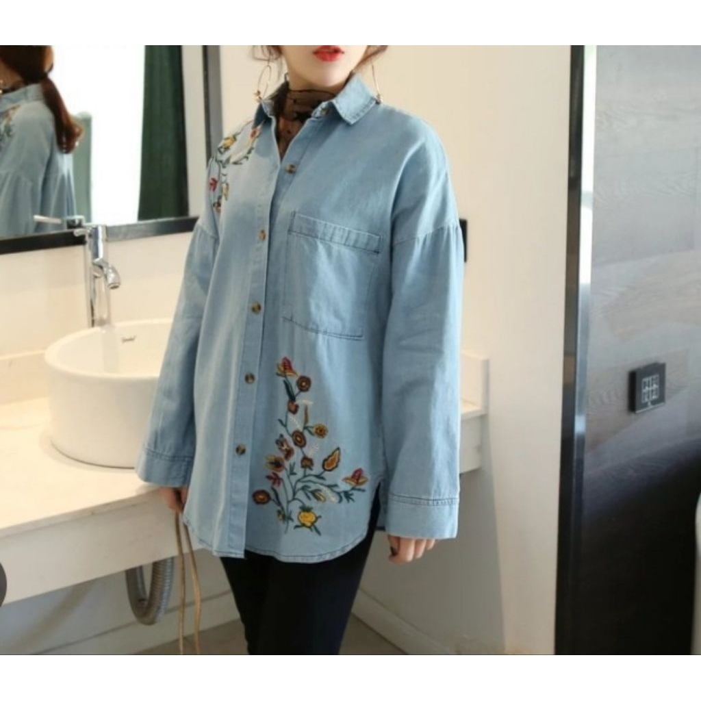 kemeja bahan denim motif sulam