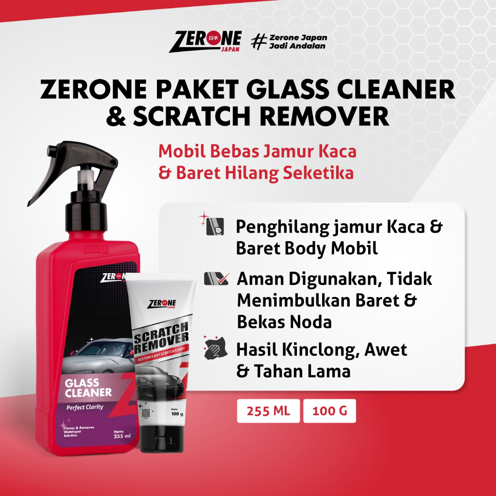 Paket Zerone Glass Cleaner + Scratch Remover Cairan Pembersih Jamur Kaca Penghilang Baret Body Mobil