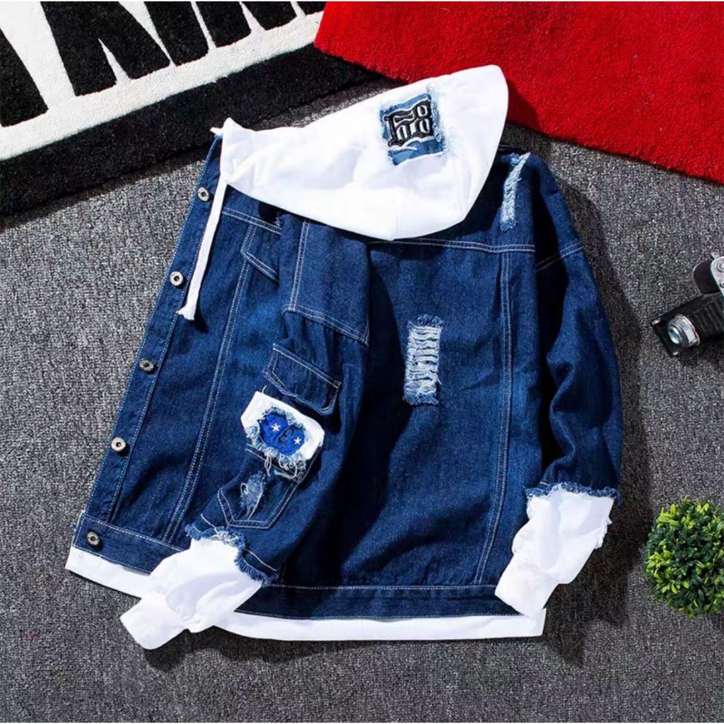 Jacket Jeans Hip Hop Korea Style Pria Wanita Kupluk Denim Hitam MM.STORE