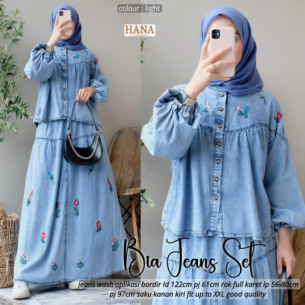ZS Daily Casual Oneset Rok Jeans Wanita / Setelan Rok Jeans dan Blouse Wanita