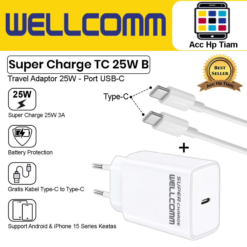 Charger Wellcomm TC Super Charge 25W B - Free Kabel Type-C to Type-C 3A Fast Charging