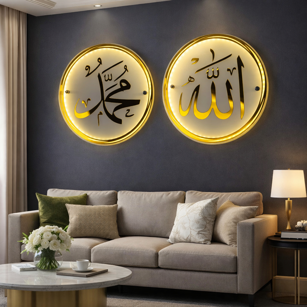 Huruf timbul Kaligrafi Akrilik Gold Timbul Allah & Muhammad Lampu LED Akrilik Sandblast Background