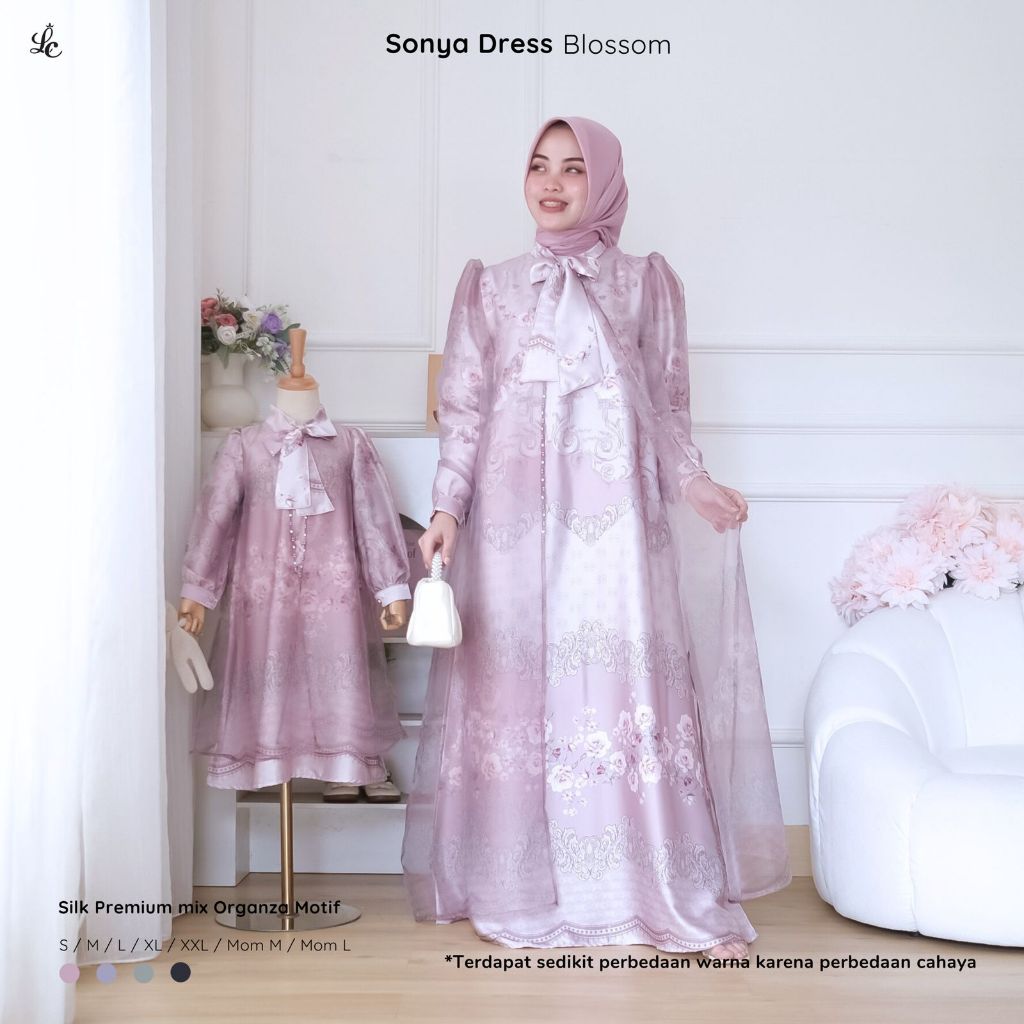 Littlecrownn -  Sonya Dress | Gamis Couple Anak dan Ibu | Dress Bahan Silk Premium mix Organza Motif