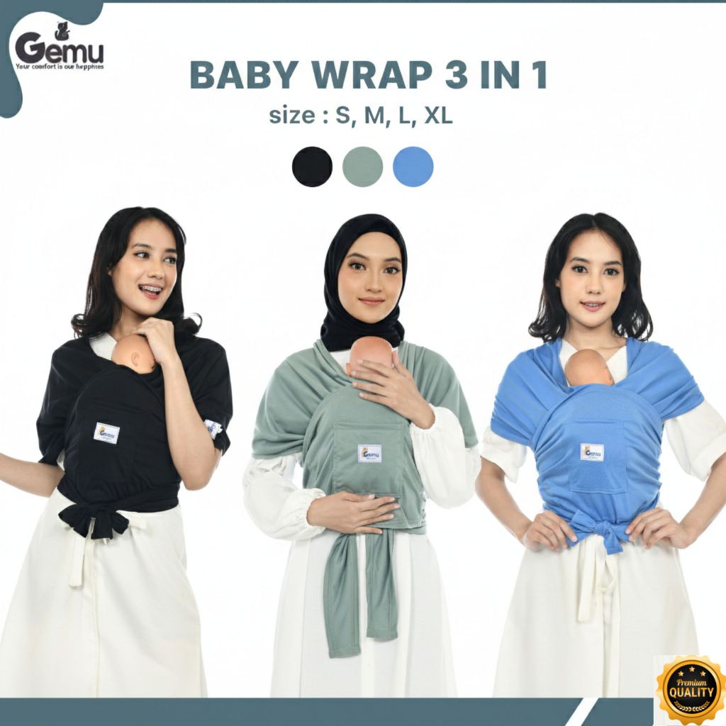 GEMU Baby Wrap 3in1 M Shape Gendongan Bayi Depan Instan Newborn Geos Premium With Sash Belt