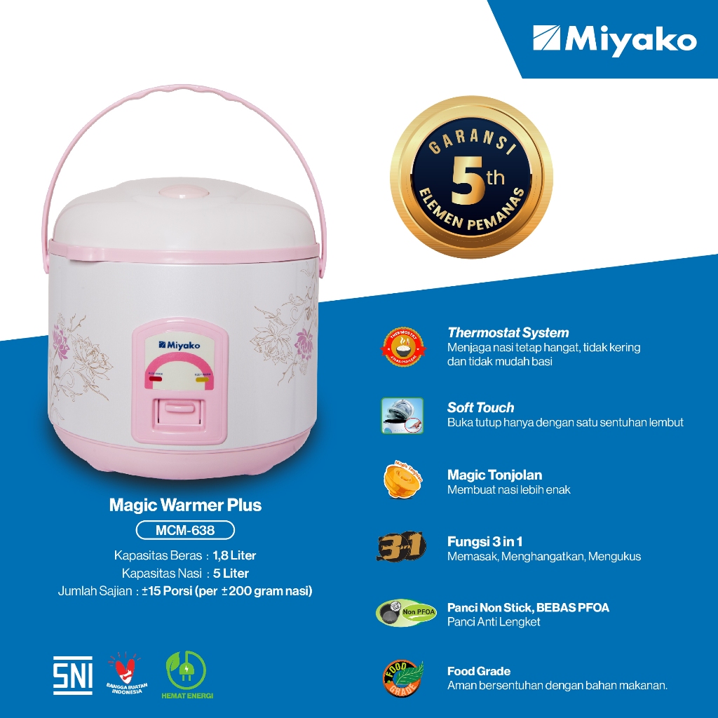 Magic Com Miyako MCM638 Rice Cooker Pink  3 in 1 Anti Lengket - Magic Warmer Plus 1.8 Liter