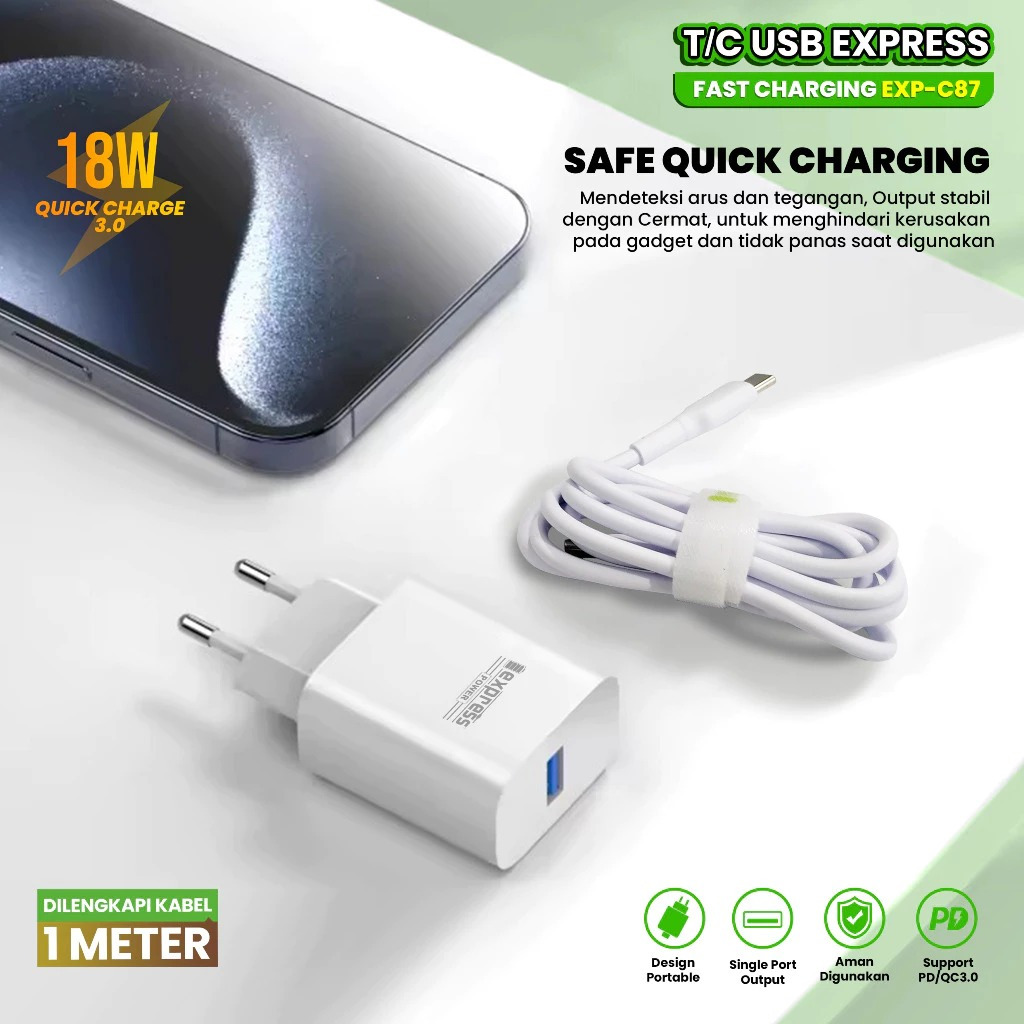 CHARGER HANDPHONE SINGLE PORT QUICK CHARGING QC+PD 3.0 / T/C USB PORTABLE EXPRESS SUPER FAST CHARGIN