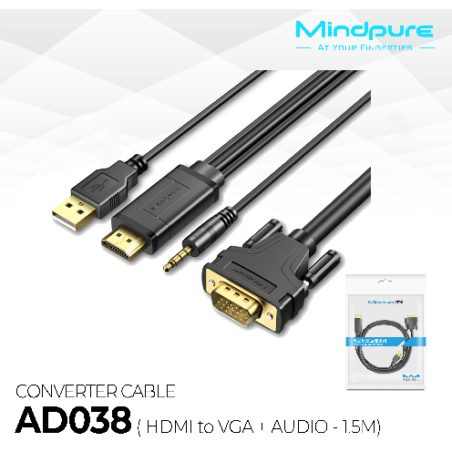 MINDPURE AD038 (HDMI TO VGA + AUDIO CABLE 3M) / Mindpure Converter HDMI TO VGA WITH AUDIO