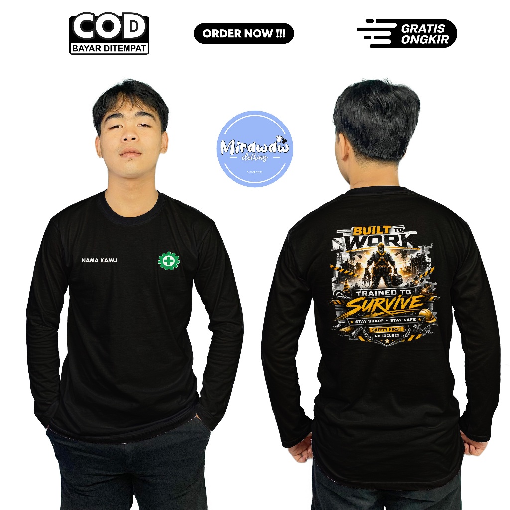 Kaos Membangun Untuk Bekerja Safety First Desain Keren Gratis Nama Kamu Lengan Panjang Baju Distro