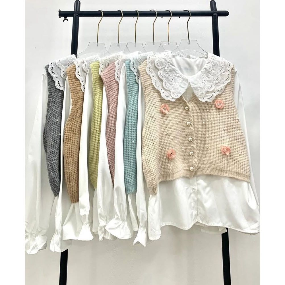 Kemeja set rompi/blouse set vest knit korean stlye