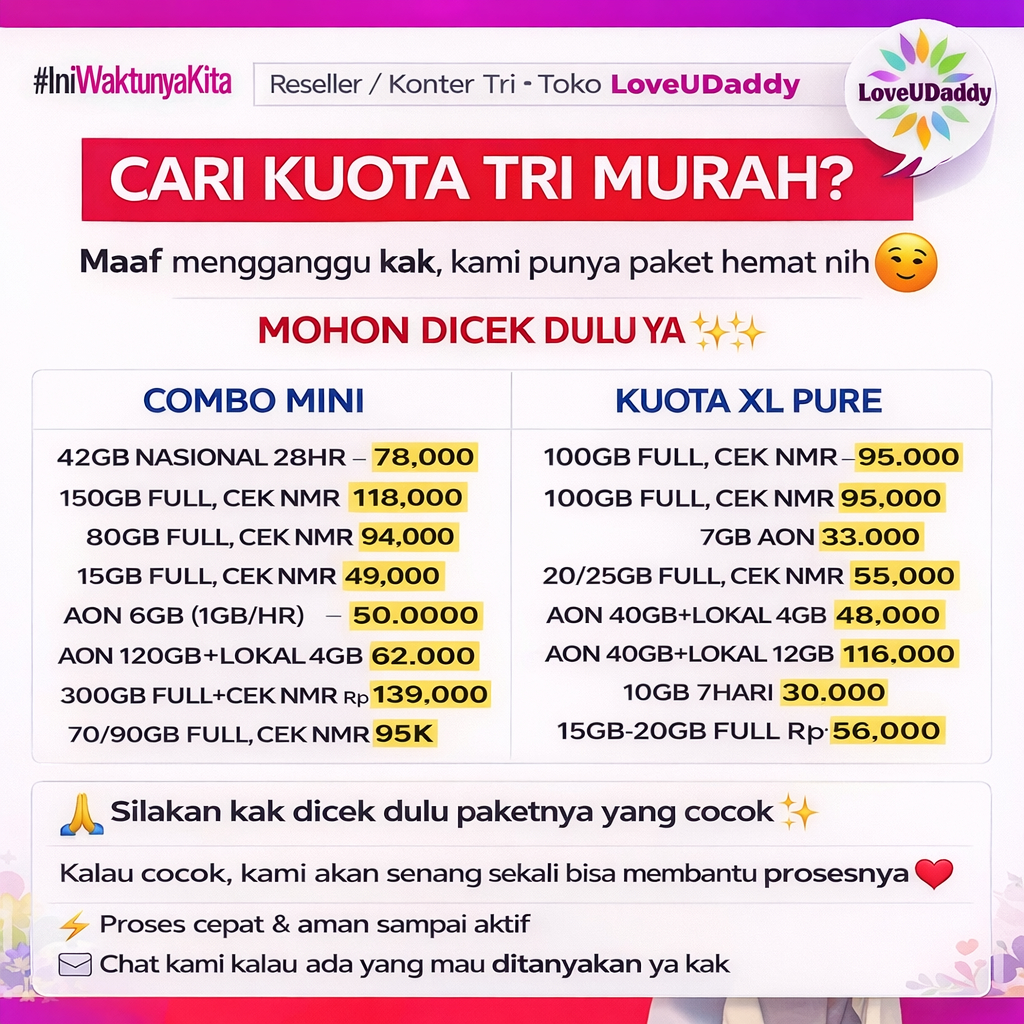 TERMURAH Kuota Tri Happy / Paket Data Tri AON 32GB 3GB 7GB 11GB 18GB 30GB 42GB 55GB Kuota Tri Mini