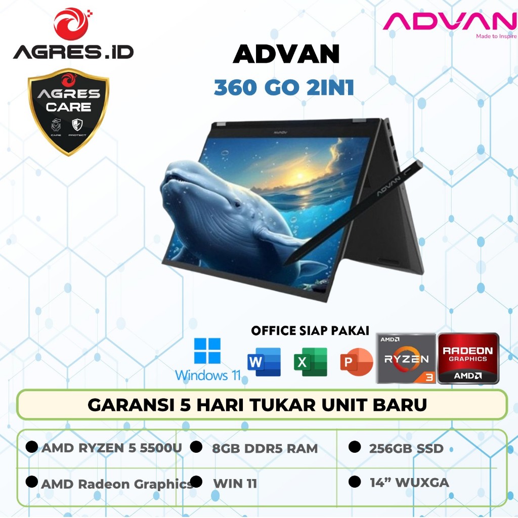 Advan 360 GO Touchscreen AMD Ryzen 3 3200U 8GB SSD 256GB 14 Full HD IPS  Win 11