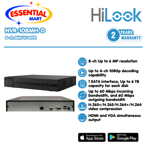 HILOOK by Hikvision NVR 8 Channel NVR-108MH-D Up To 6MP