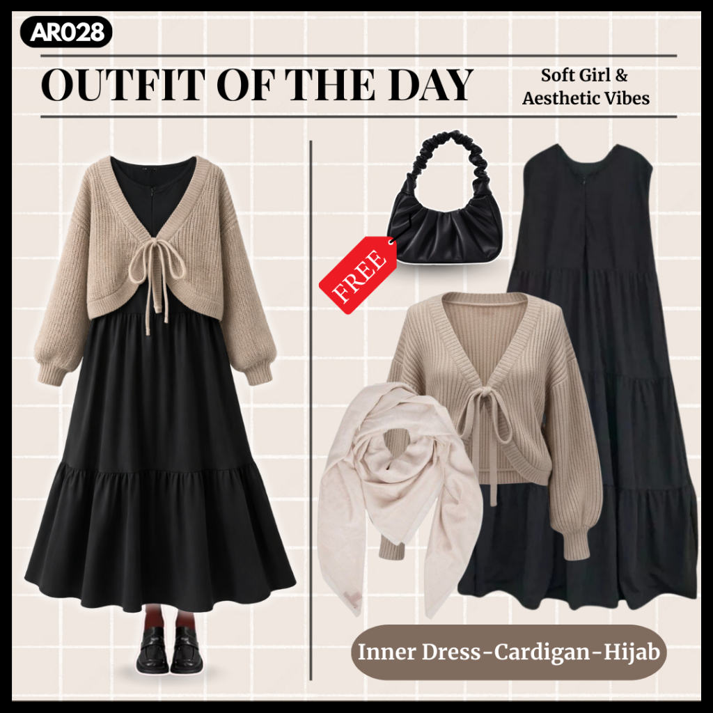 Outfit Remaja 3in1 | Cardigan Rajut | Inner Dress Hitam |Hijab Ivory | Korean Style | AR028