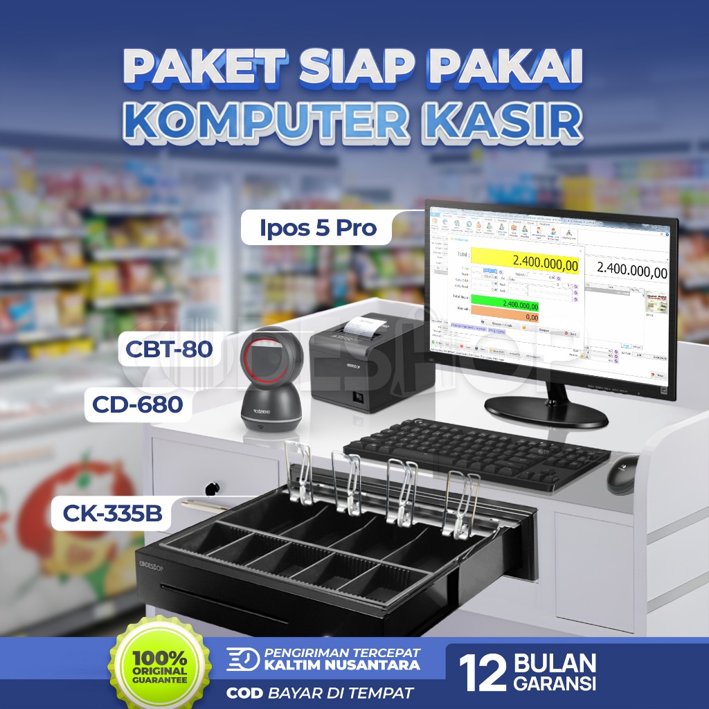 Codeshop Printer Kasir 80mm Scanner Barcode 2D Laci Uang Cash Drawer Paket Komputer Plus iPos 5 Pro