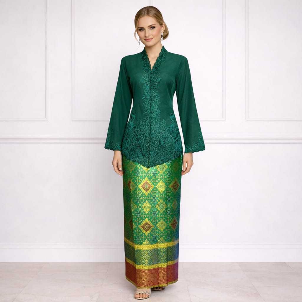 Neng Lina Kebaya 1 STEL Encim Katun Bordir Hijau Muslim Panjang Botol 679 + Rok Songket Serut