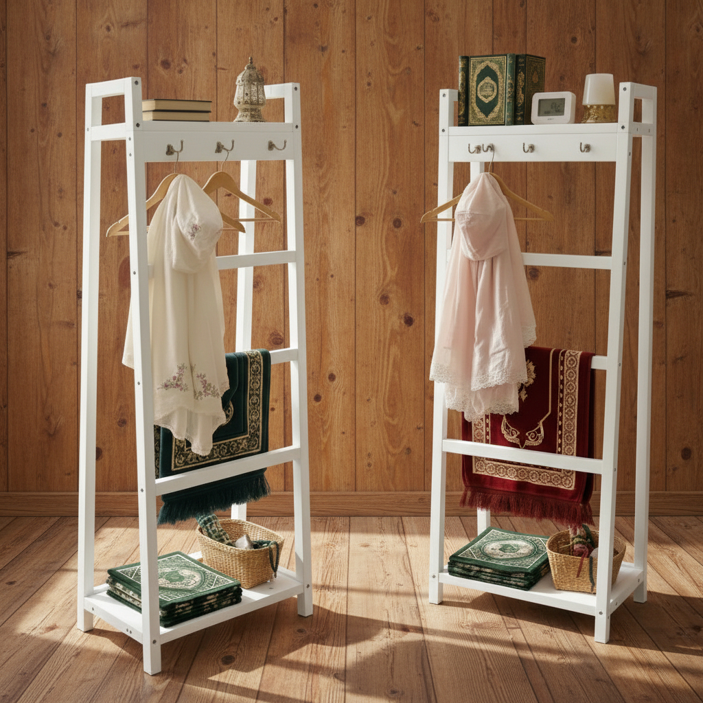 rak sajadah dan mukena alquran stand hanger kayu jati aesthetic minimalis tangga estetik rak jilbab 