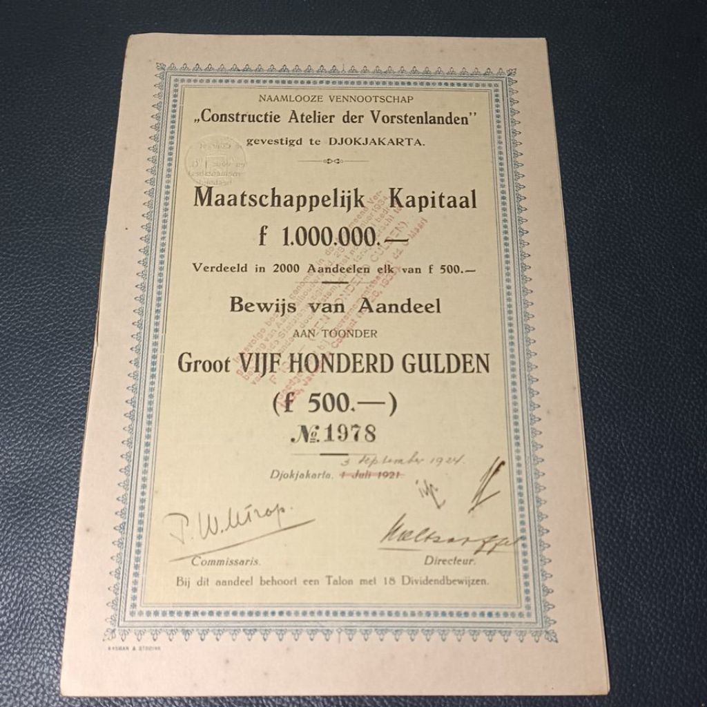 Obligasi era penjajahan belanda tahun 1921 kota Djogjakarta dengan segel embos 10 Gulden