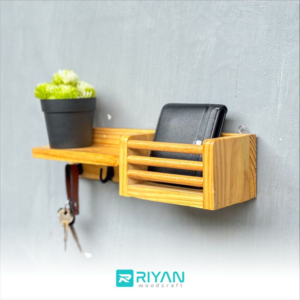 04 Ambalan/Rak Dinding Minimalis Kayu Jati Belanda – hook Kunci, Tas, Topi, HP, Dompet, Rak Serbagun