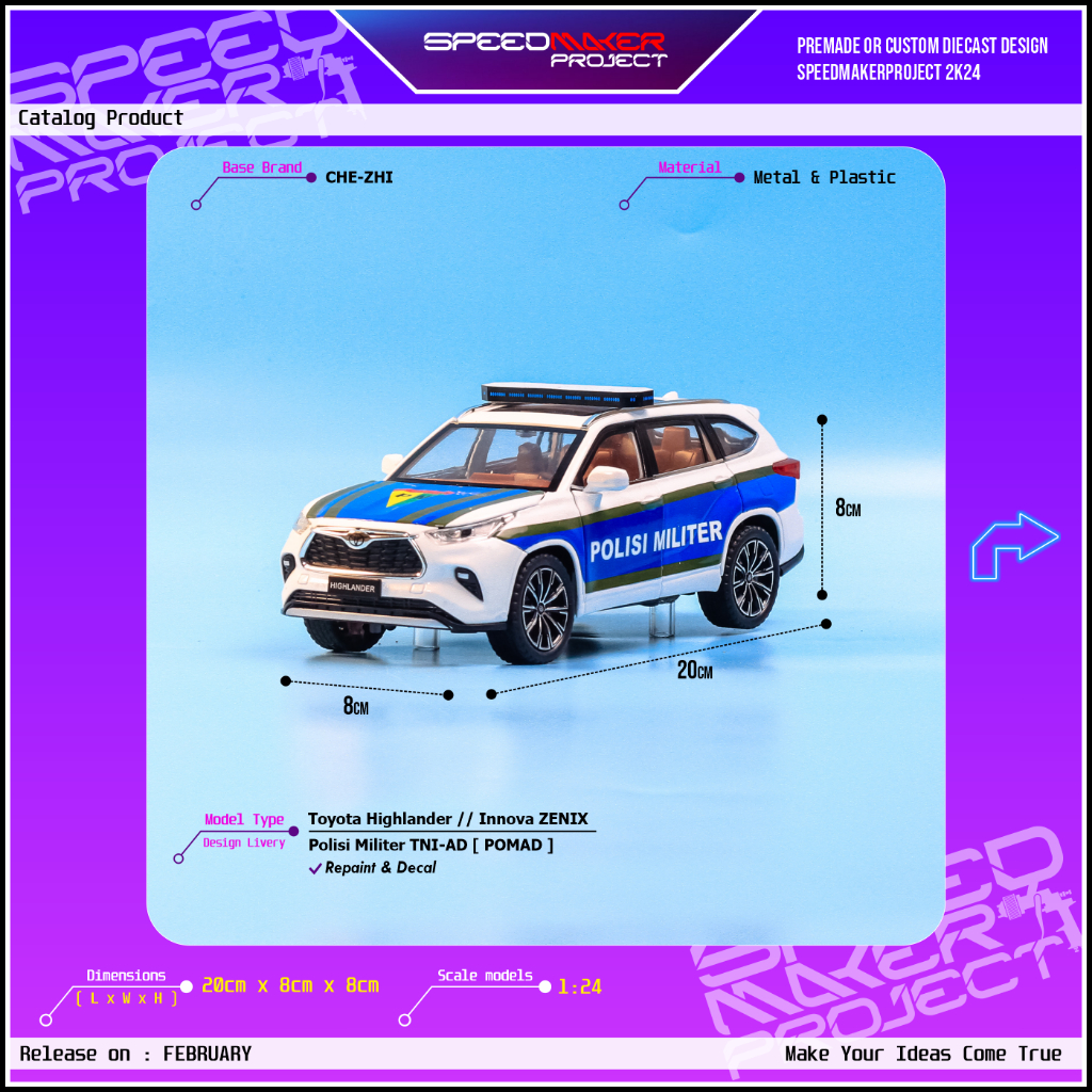 Che-Zhi Custom Toyota Highlander Innova Zenix POMAD Diecast Miniatur Mobil Patroli 1:24
