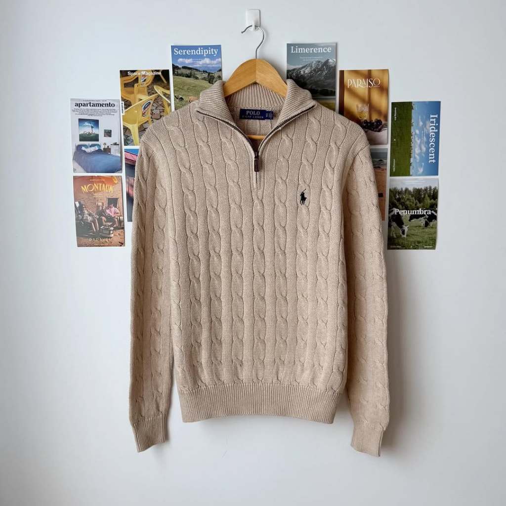 New Cable Knit Quarter Zip Sweater Nude Brown Polo Ralph Lauren Pria Wanita Cotton Original
