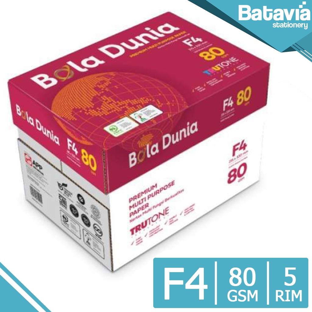Kertas HVS F4 80 GSM Bola Dunia 1 Box / 5 Rim