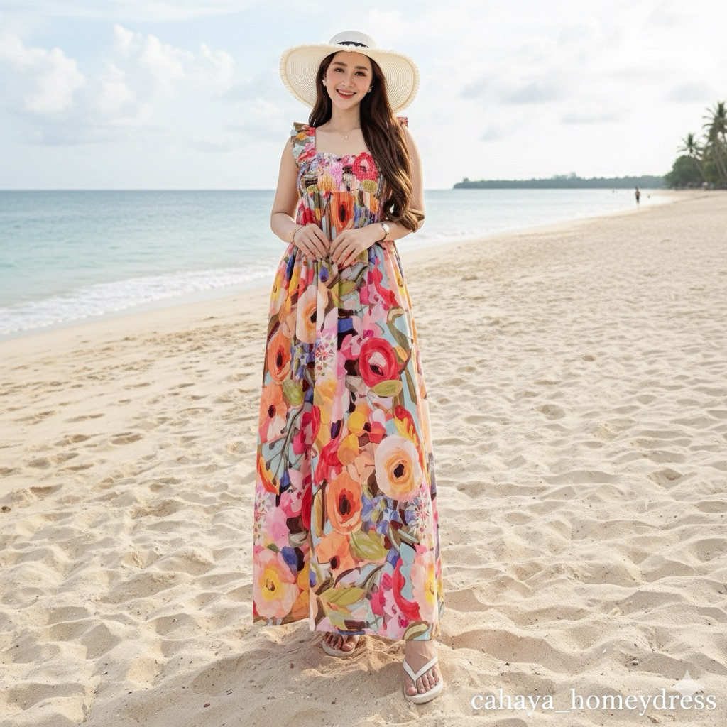 daster yukensi karet kerut dada motif kekinian dress karet dada semok