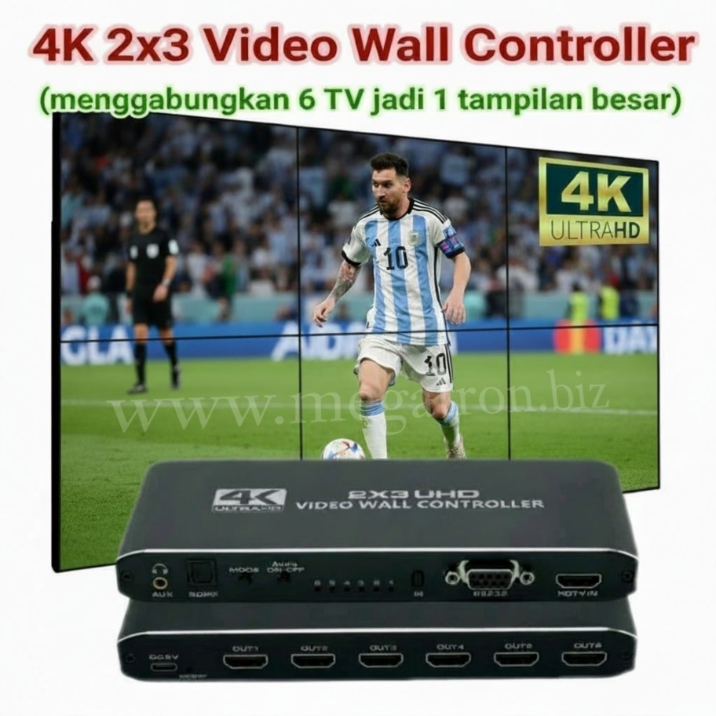 4K 3x2 Video Wall Controller (menggabungkan 6 TV jadi 1 tampilan besar)