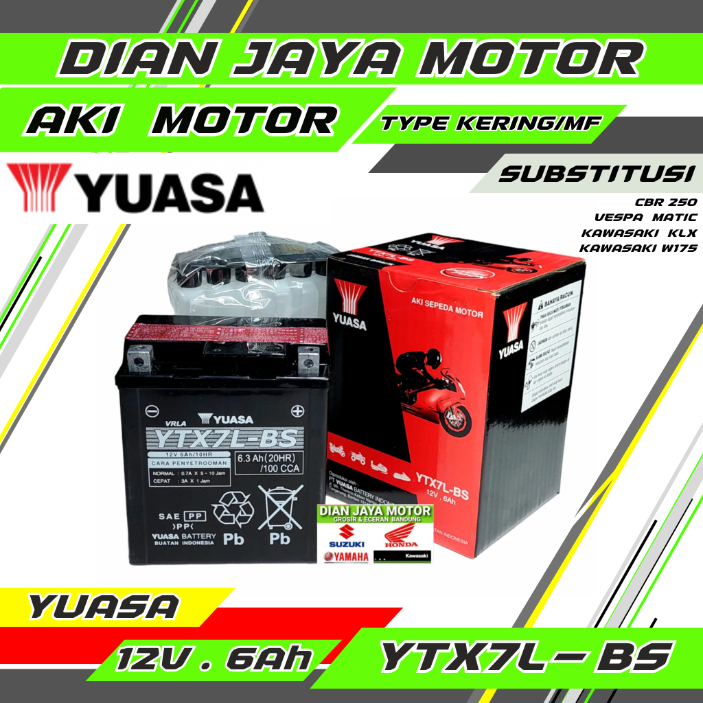 AKI MOTOR YUASA YTX7L-BS 12 VOLT 6 AMPERE UNTUK MOTOR KAWASAKI KLX 150 W175 CBR150 ORIGINAL YUASA AK