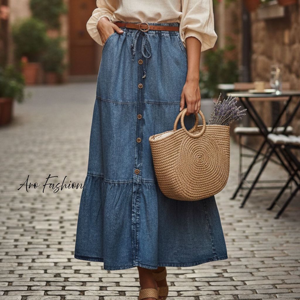 ARO - Rok Jeans Snow Wash Panjang Wanita Model Susun Tiered Skirt SHELVA - Rok Denim Kancing Depan R