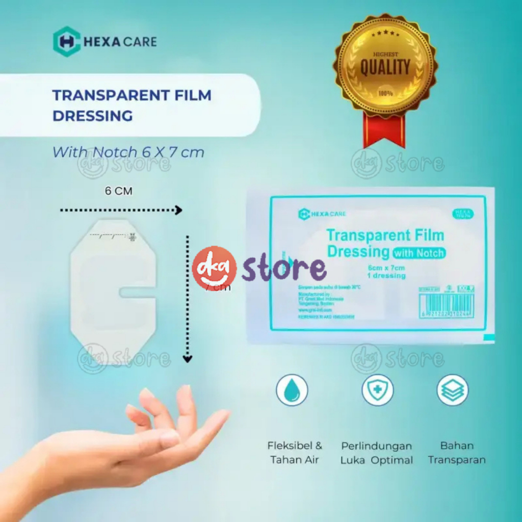 (Ecer) Transparent Film Dressing with Notch 6x7cm Hexa Care / Plester Infus IV Bening Transparan