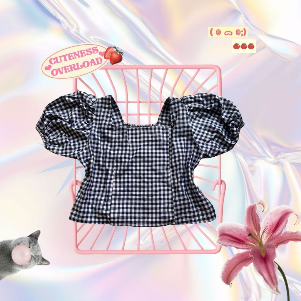 (New) Korean Square Collar Crop Top / Blouse Wanita Puffy Kotak - Kotak