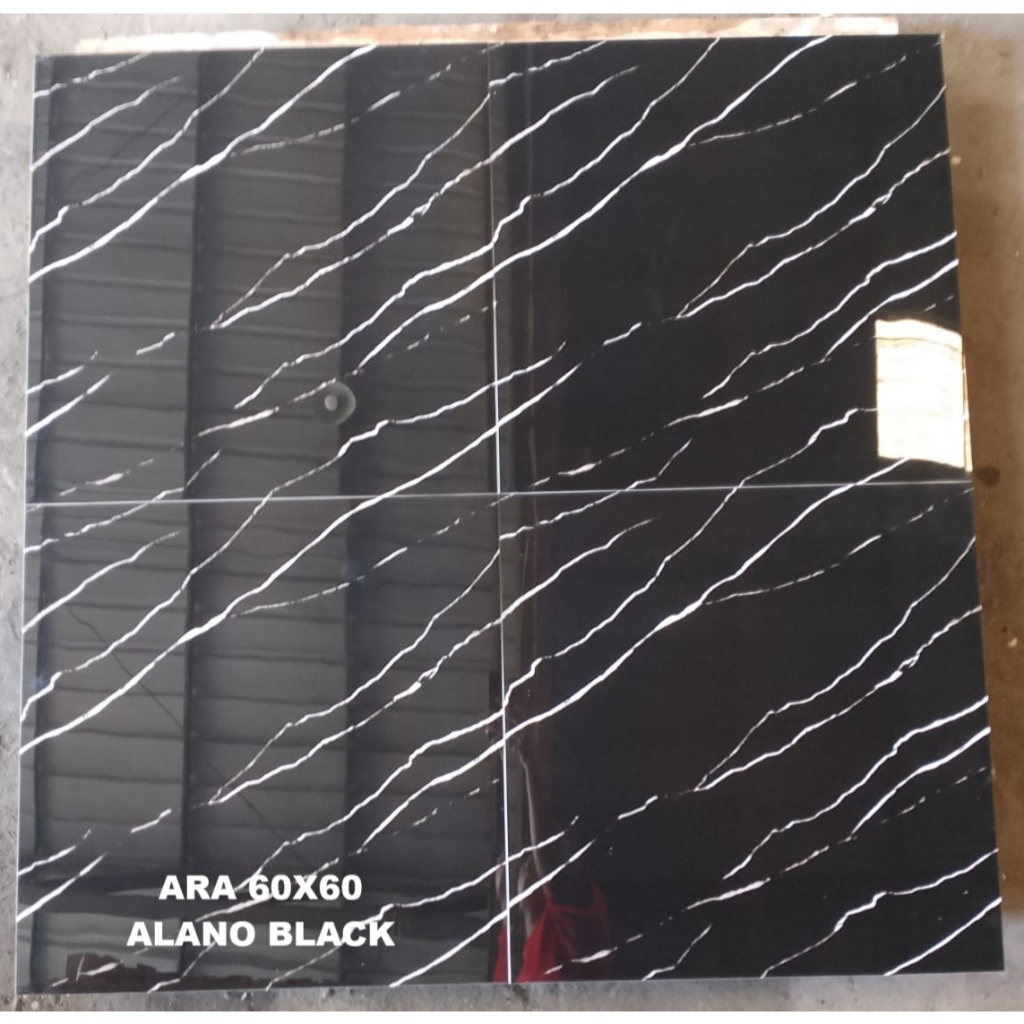 GRANIT LANTAI GLOSSY MOTIF HITAM URAT PUTIH 60X60 ARA ALANO BLACK GRANIT LANTAI 60X60 GRANIT LANTAI 