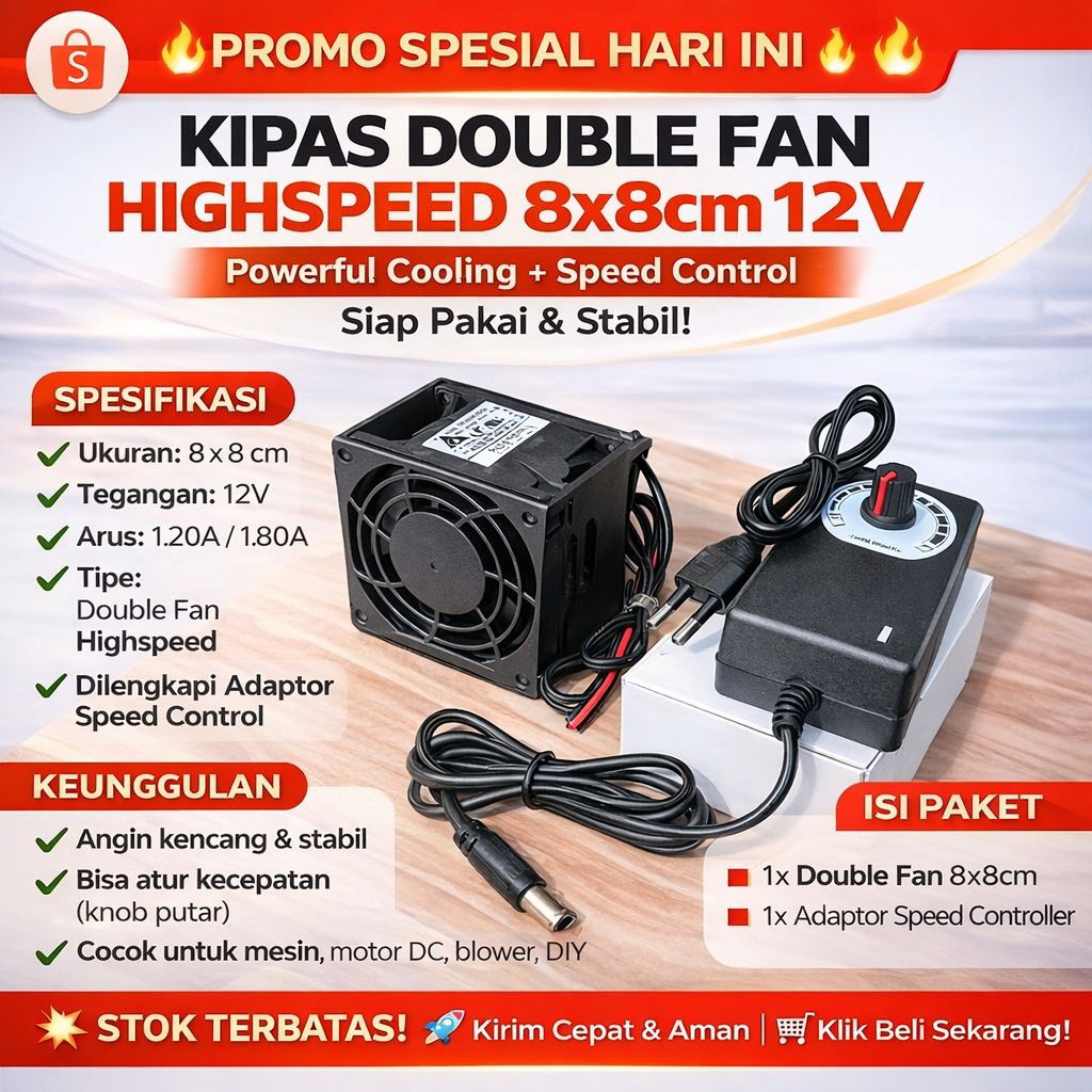 Kipas Blower Double fan 12v 8x8cm Highspeed