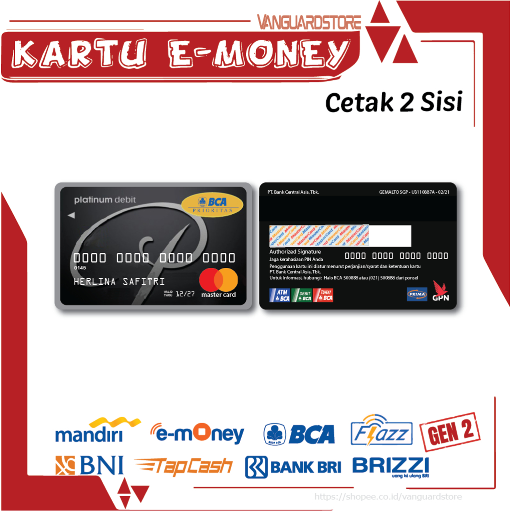 KARTU E MONEY DEBIT CREDIT PRIORITAS MASTERCARD MANDIRI FLAZZ BCA BNI TAPCASH BRIZZI BRI - 2 SISI