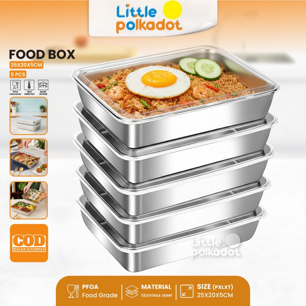 Littlepolkadot 5 Pcs Food Box Stainless Steel Kotak Makan Siang Wadah Makanan Wadah Penyimpanan Maka