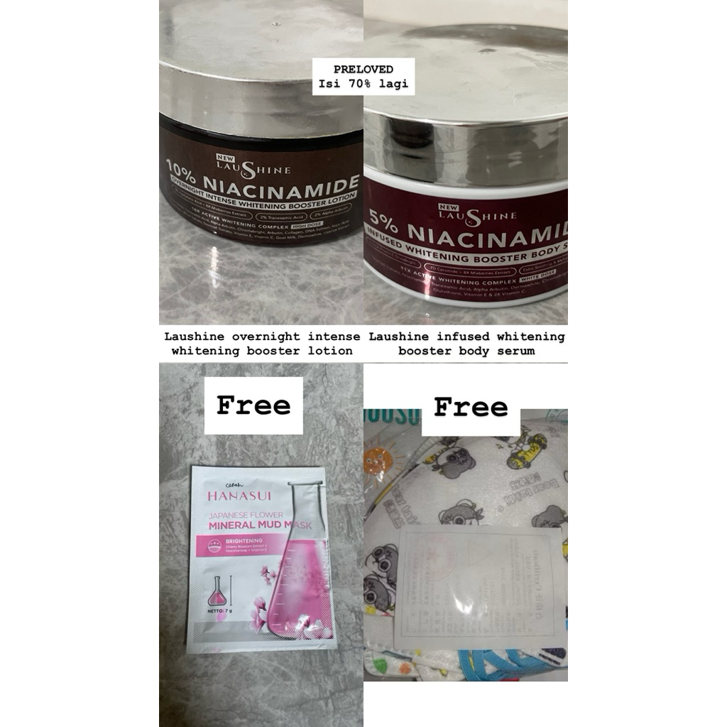 PRELOVED N - PAKET GLOWING LAUSHINE LOTION DAN SERUM FREE MASKER MOUSON DAN MASKER WAJAH HANASUI